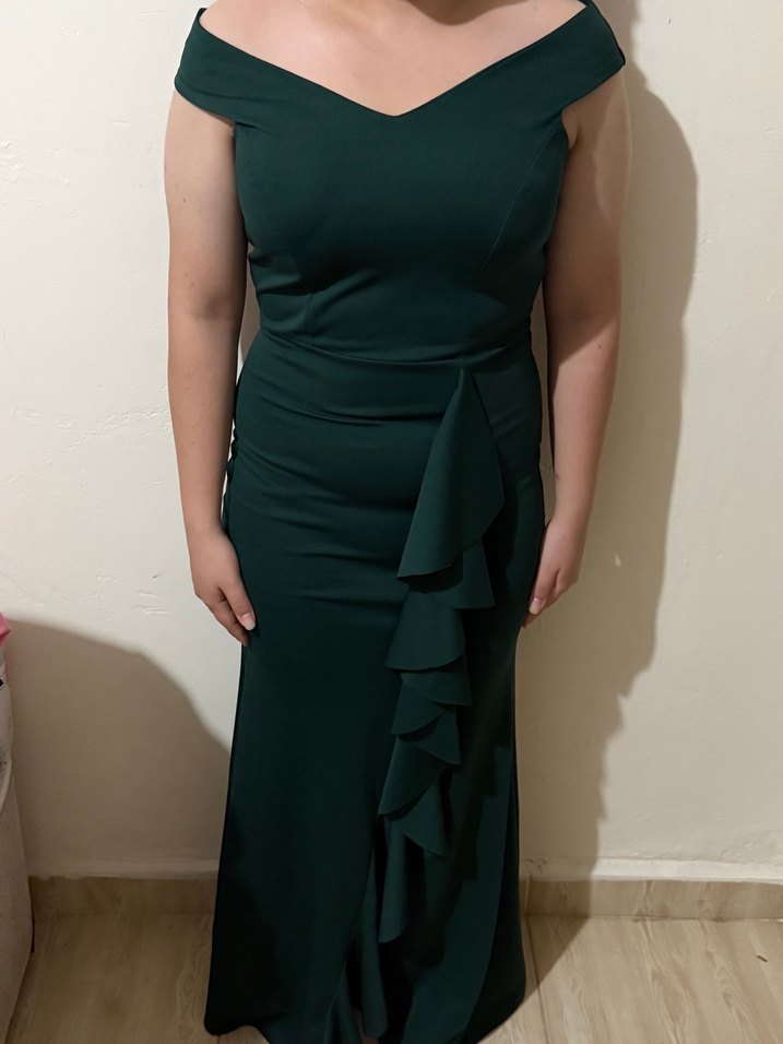 Koyu Yeşil Drapeli Midi Abiye Elbise - Görsel 2