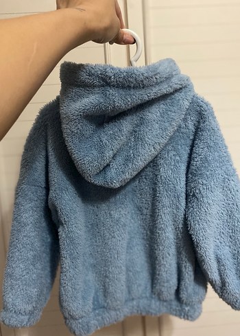 Kapüşonlu mavi Kız Çocuk Peluş Kazak - Görsel 3