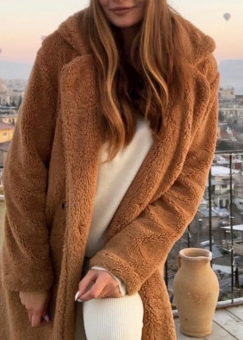 Kahverengi Uzun Peluş Kadın Kaban - Görsel 5