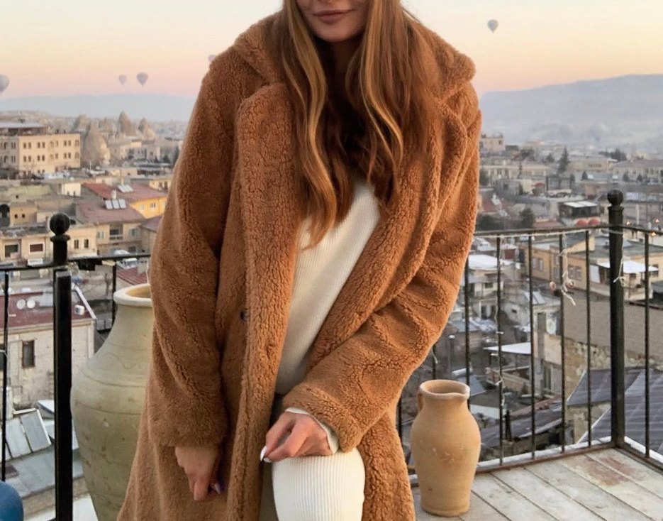 Kahverengi Uzun Peluş Kadın Kaban - Görsel 5