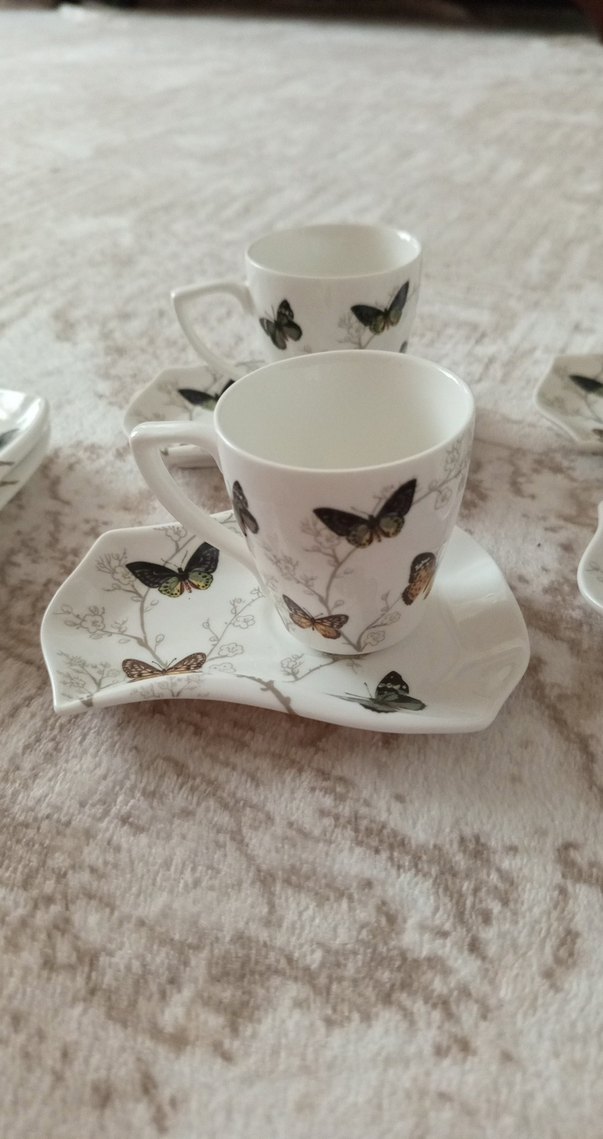 Kelebek Desenli Beyaz Kahve Fincanı Takımı - Görsel 2