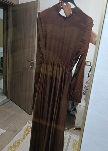 Uzun acı kahve saten Kadın Elbise - Görsel 4