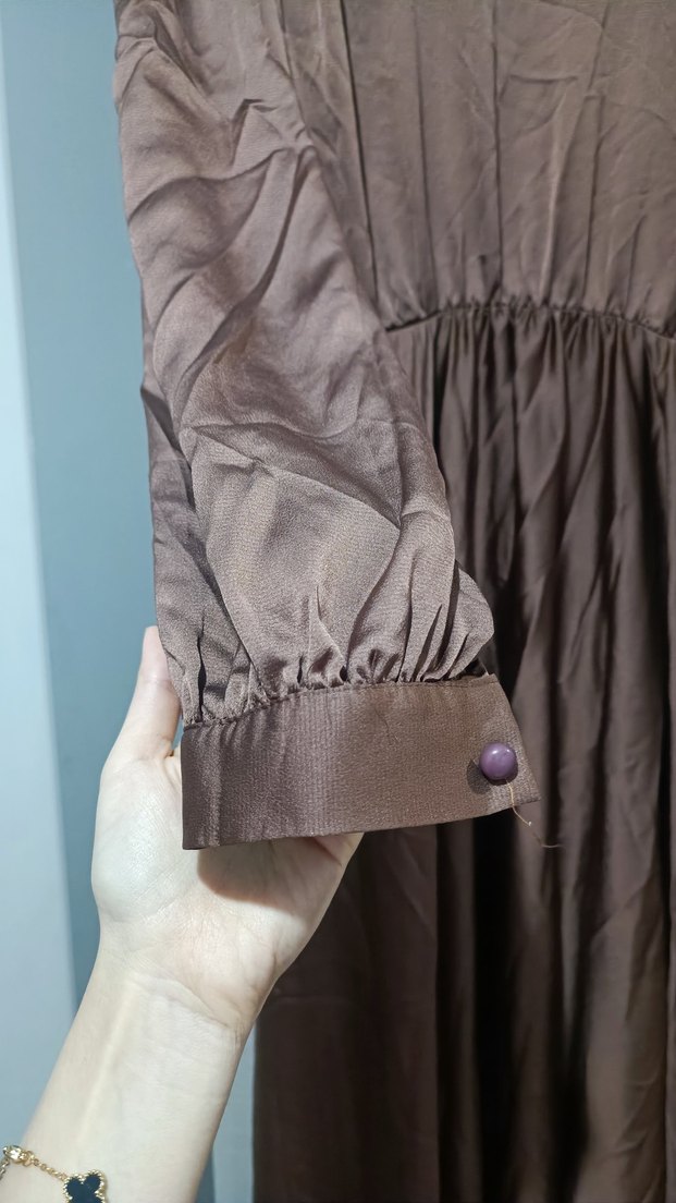 Uzun acı kahve saten Kadın Elbise - Görsel 2