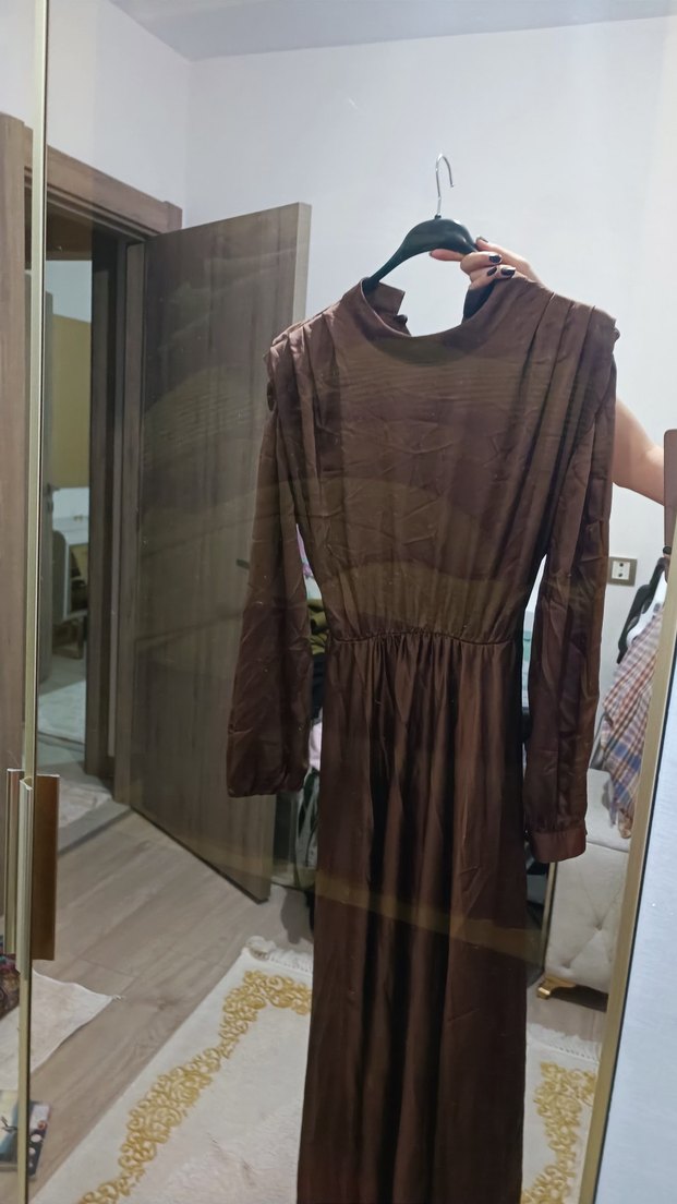 Uzun acı kahve saten Kadın Elbise - Görsel 3