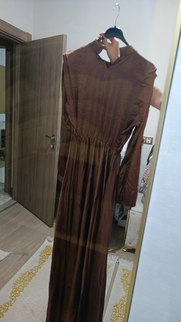 Uzun acı kahve saten Kadın Elbise - Görsel 4