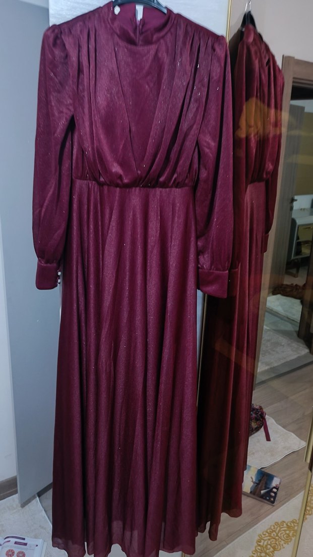 Bordo Drapeli Uzun Abiye Elbise - Görsel 3