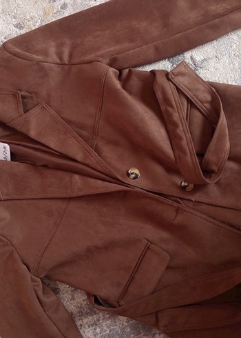 Düğmeli Kahverengi Süet Kadın Kaban ceket - Görsel 2
