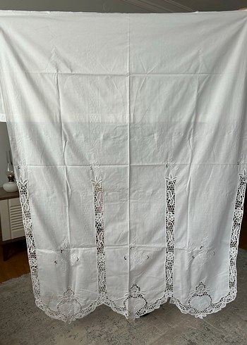 İşlemeli Beyaz Antika Masa Örtüsü ve Perde Seti - Görsel 5