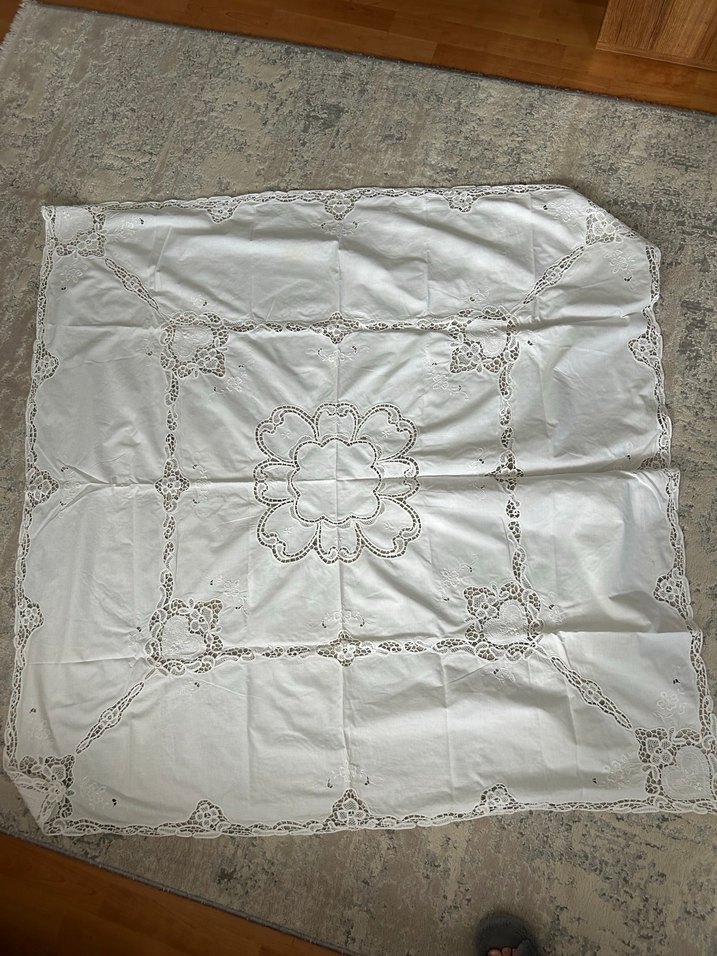 İşlemeli Beyaz Antika Masa Örtüsü ve Perde Seti - Görsel 2