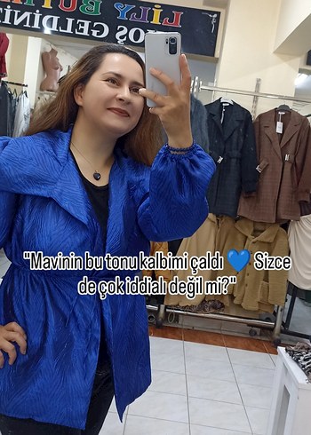 Parlak Mavi Midi Denim Kadın Ceket