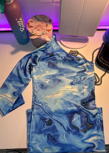 Mavi Desenli Tek omuz elbise - Görsel 2