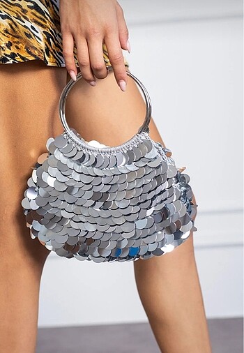 Mango Gümüş pul payet şık clutch el çantası