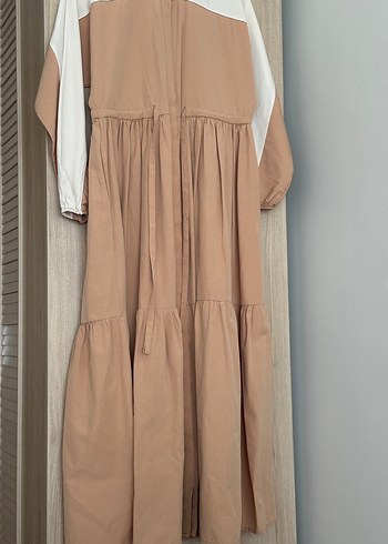 Bej Uzun Kollu Pamuklu Elbise - Görsel 2