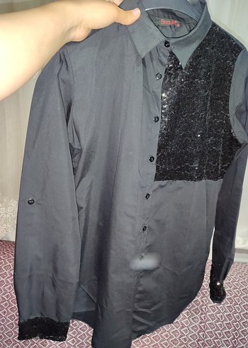 m Beden siyah Renk Düğmeli Uzun Kollu siyah pullu Gotik Gömlek