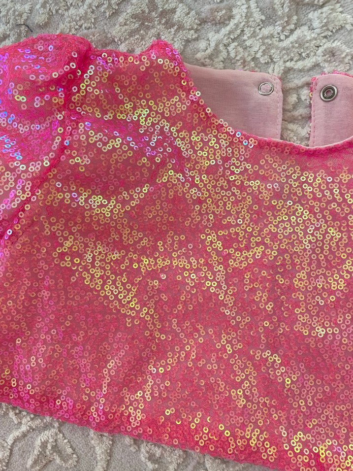 Kız Çocuk Pembe Simli Kısa Kollu Elbise - Görsel 2