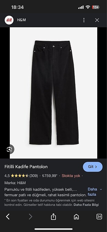 H&M SIFIR FİTİLİ KADİFE PANTOLON