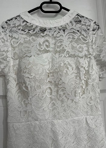 Dantel İşlemeli Beyaz Midi Abiye Elbise - Görsel 3