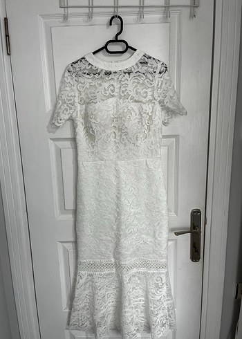 Dantel İşlemeli Beyaz Midi Abiye Elbise - Görsel 6