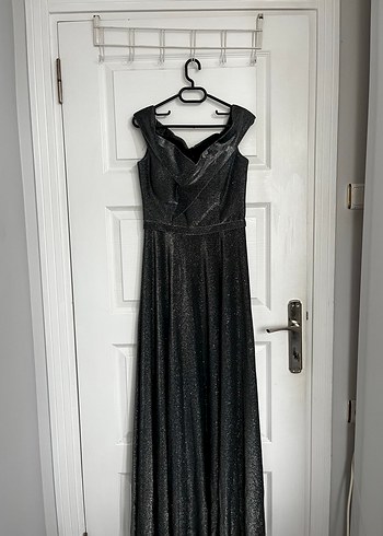 Antrasit Simli Uzun Kadın Abiye Elbise - Görsel 2