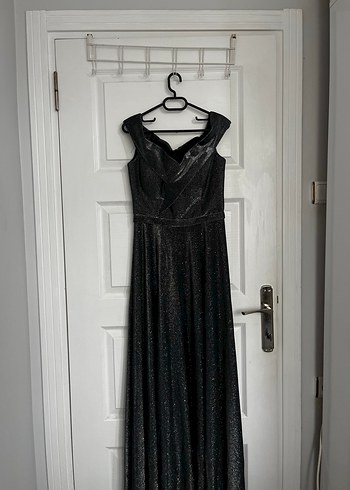 Antrasit Simli Uzun Kadın Abiye Elbise - Görsel 4