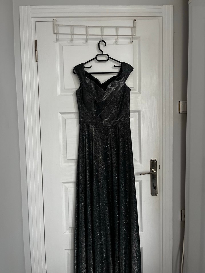 Antrasit Simli Uzun Kadın Abiye Elbise - Görsel 4