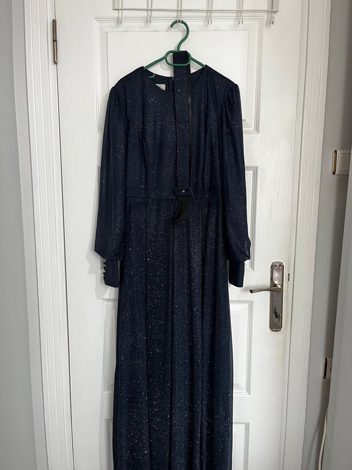 Lacivert Uzun Simli Kemerli Kadın Abiye - Görsel 2