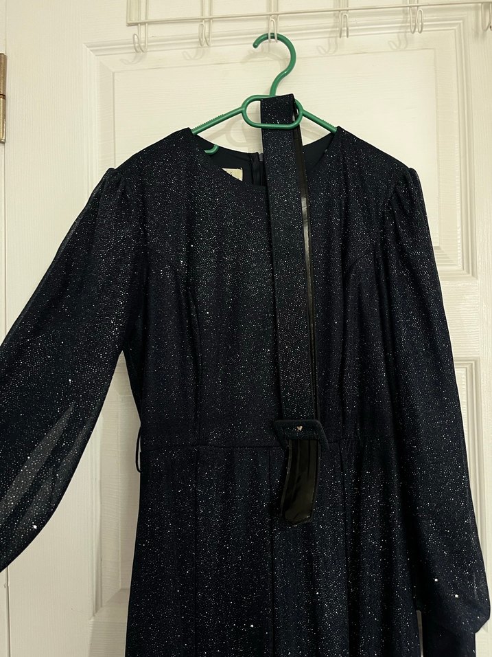 Lacivert Uzun Simli Kemerli Kadın Abiye - Görsel 4