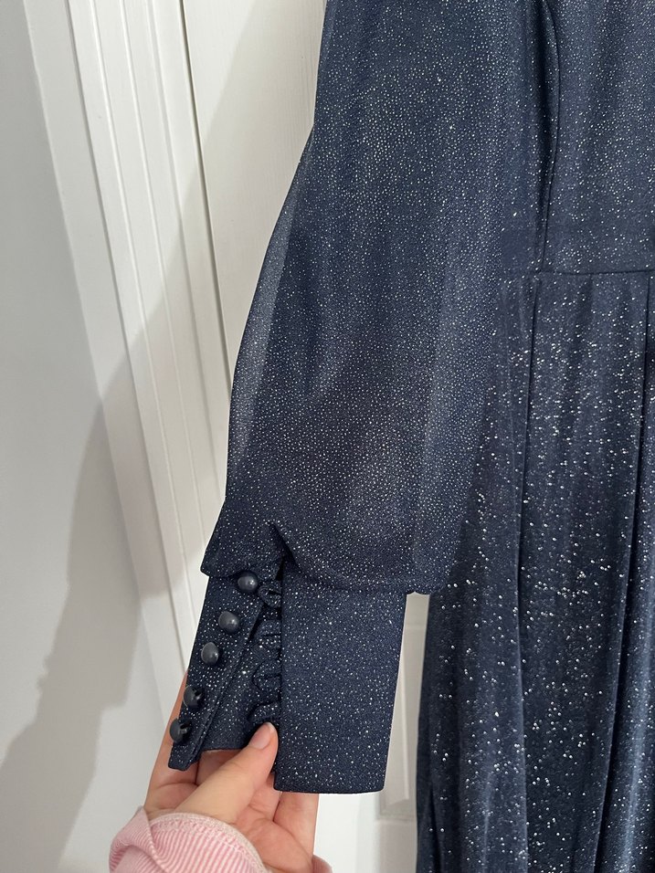 Lacivert Uzun Simli Kemerli Kadın Abiye - Görsel 3