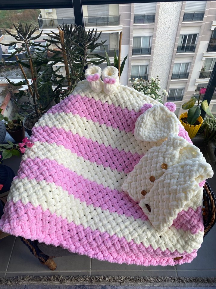 Pembe Örgü Bebek battaniye takımı - Görsel 2
