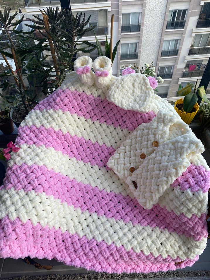 Pembe Örgü Bebek battaniye takımı - Görsel 3