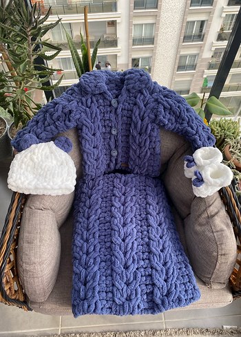 Bohem Tarzı Mavi Örgü Çocuk ceket Takımı - Görsel 3