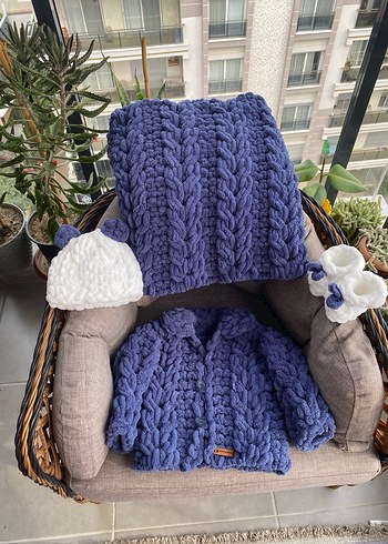 Bohem Tarzı Mavi Örgü Çocuk ceket Takımı - Görsel 2