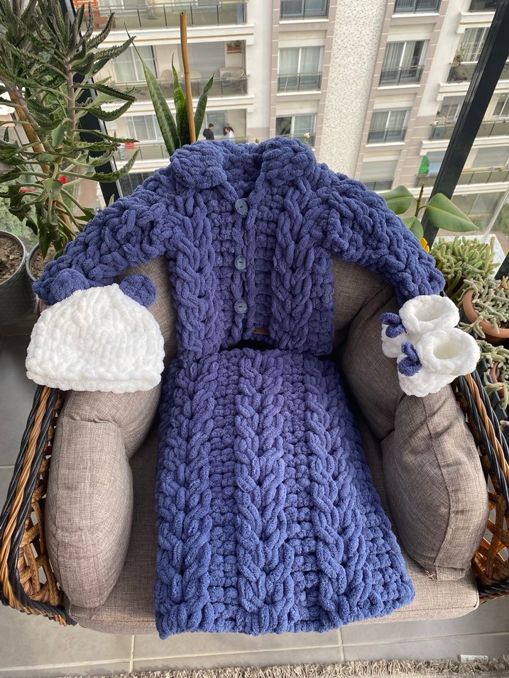 Bohem Tarzı Mavi Örgü Çocuk ceket Takımı - Görsel 3