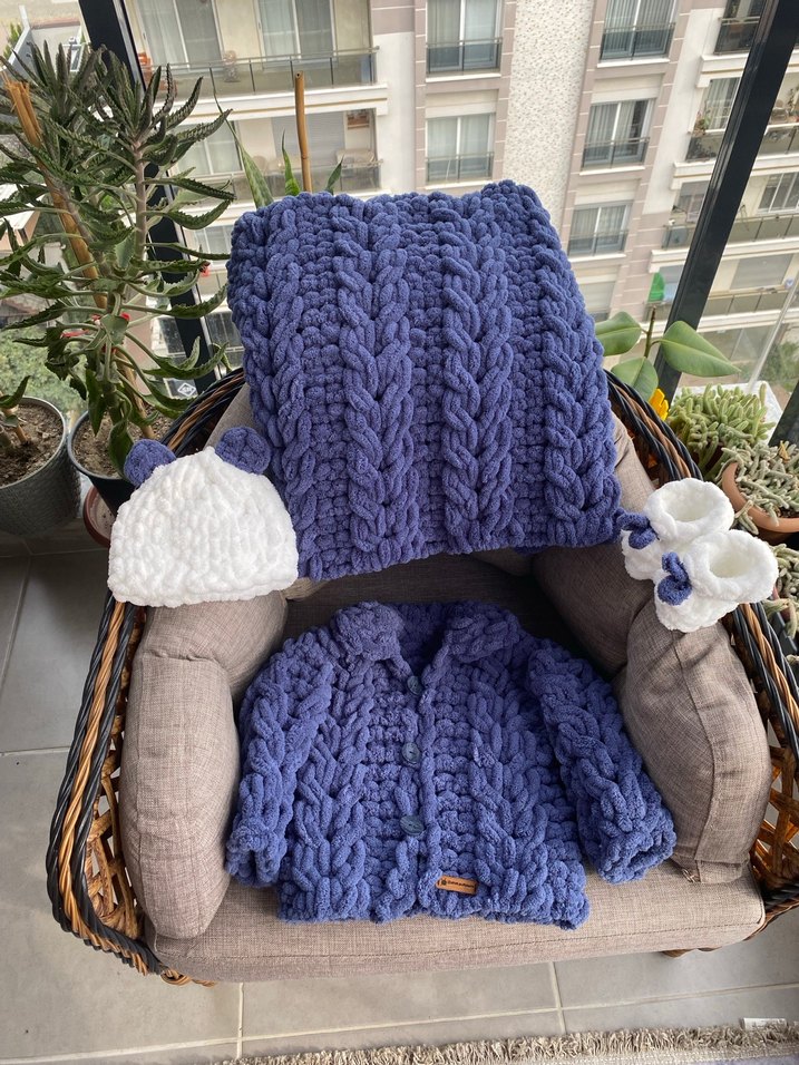 Bohem Tarzı Mavi Örgü Çocuk ceket Takımı - Görsel 2