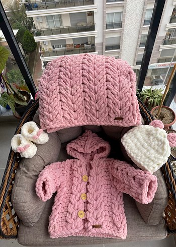 Pembe Örgü Bebek battaniye ceket takımı - Görsel 3