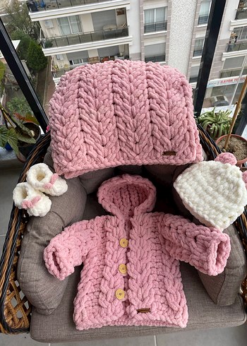 Pembe Örgü Bebek battaniye ceket takımı - Görsel 2