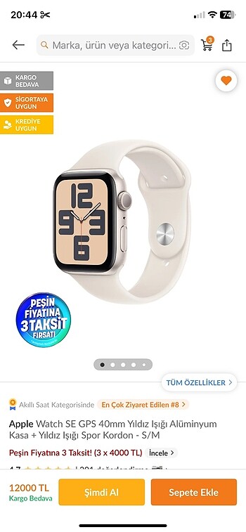 Apple Watch SE GPS 40 mm Yıldız Işığı