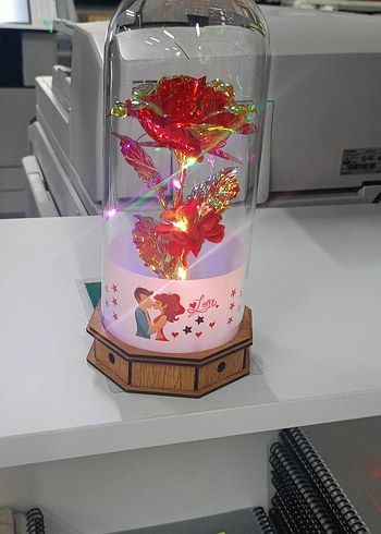 Renkli Kırmızı Gül Dekoratif Cam Fanus - Görsel 2