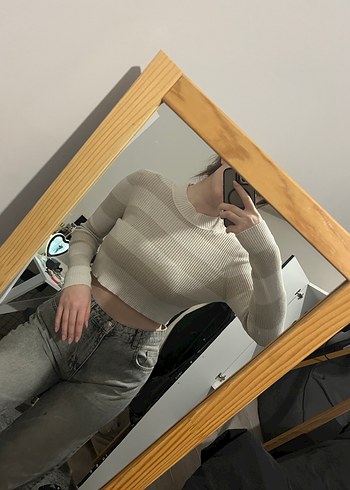 Bej Gri Çizgili Kadın Triko Kazak - Görsel 3