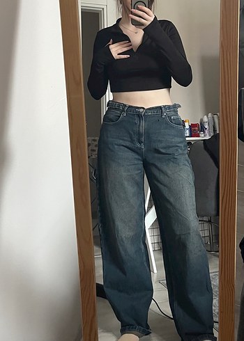 Kadın Siyah Bol Kesim Midi Boy Denim Jean - Görsel 2