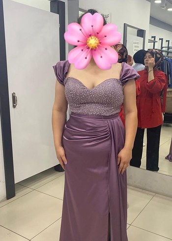 Straplez Çiçek Desenli Midi Mor Abiye Elbise
