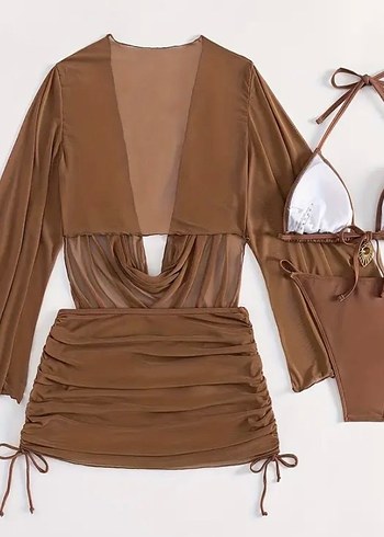 Drapeli Kahverengi Mini Elbise ve Bikini Takımı - Görsel 2
