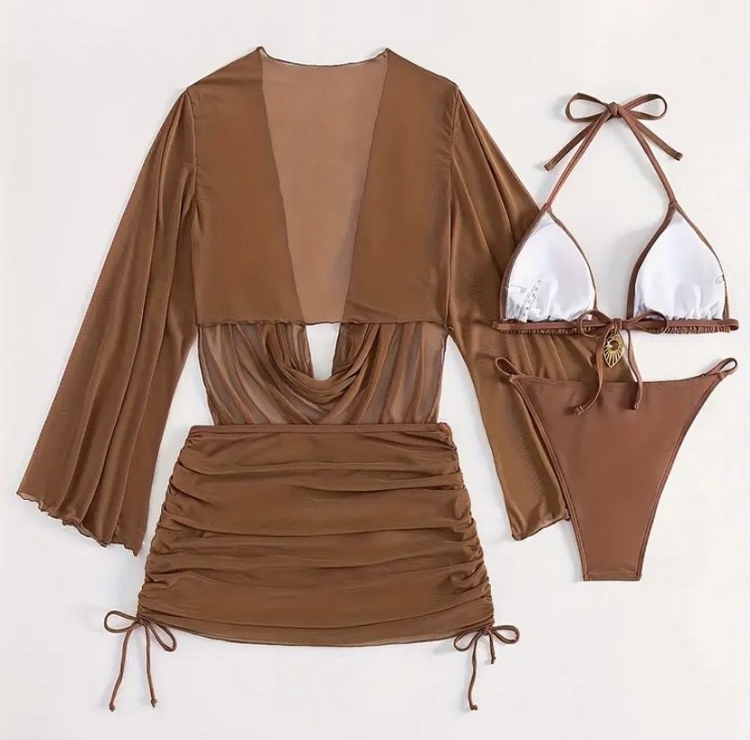 Drapeli Kahverengi Mini Elbise ve Bikini Takımı - Görsel 2