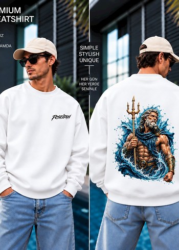 Diğer Ozel Tasarimbeyaz Poseidon Baskili Erkek Sweatshirt