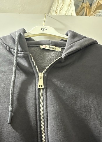 Kadın  Gri Fermuarlı Kapüşonlu Sweatshirt - Görsel 5