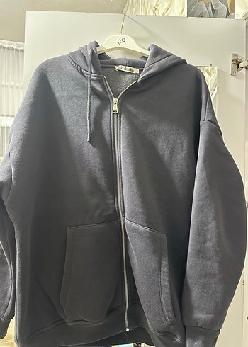 Kadın  Gri Fermuarlı Kapüşonlu Sweatshirt - Görsel 2