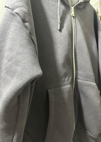 Kadın  Gri Fermuarlı Kapüşonlu Sweatshirt - Görsel 6