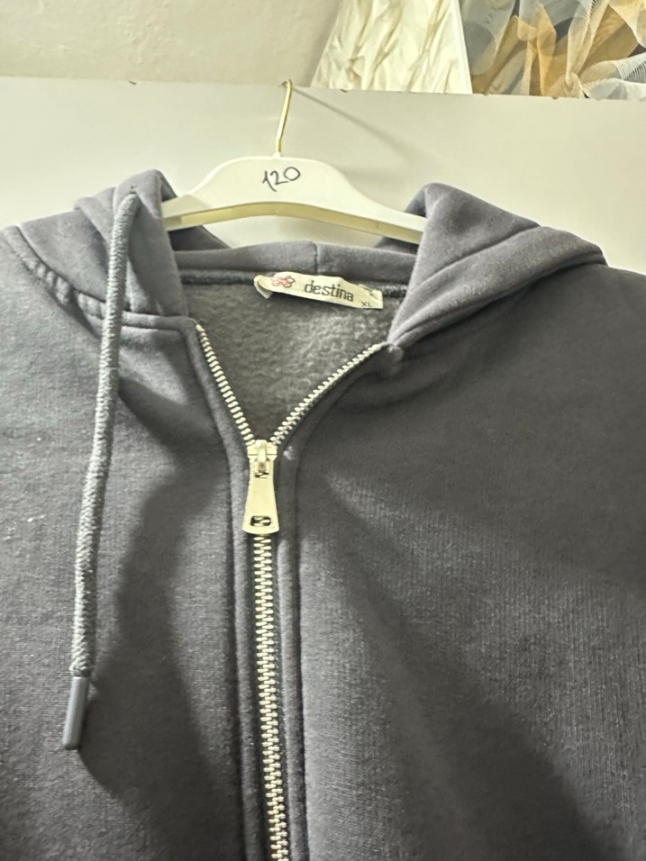 Kadın  Gri Fermuarlı Kapüşonlu Sweatshirt - Görsel 5