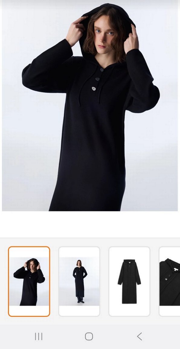 Düğmeli Siyah Kadın Kapüşonlu Elbise - Görsel 3