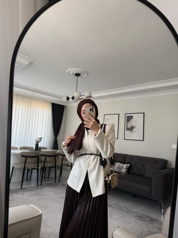 Bej Notch Yaka Uzun Kadın Ofis Ceketi kemer dahil - Görsel 2